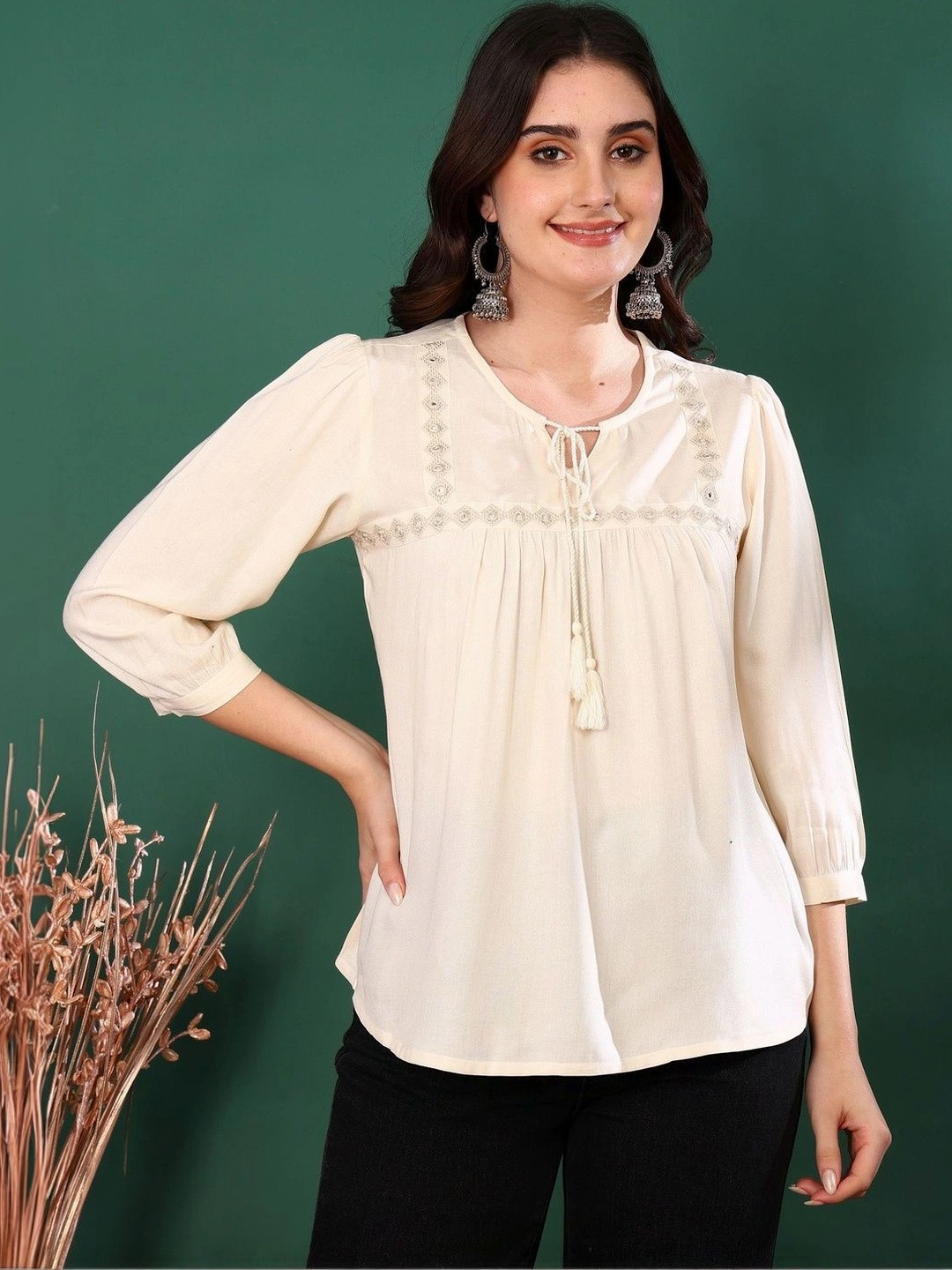 Off White Casual Tie-Up Neck Regular Top