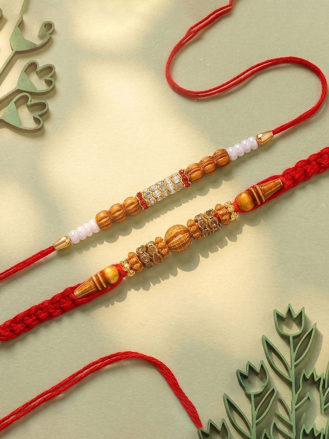 Peora Set Of 2 Wooden Beaded Stone-Studded Rakhi With Red Thread