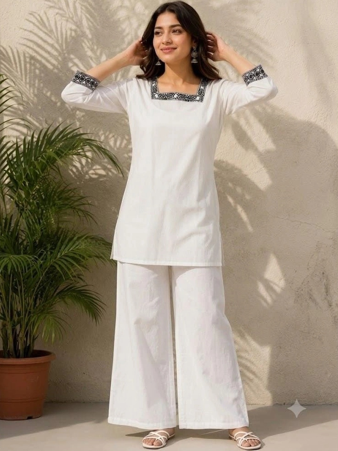 Jacy london Cotton Embroidered Tunic with Palazzos