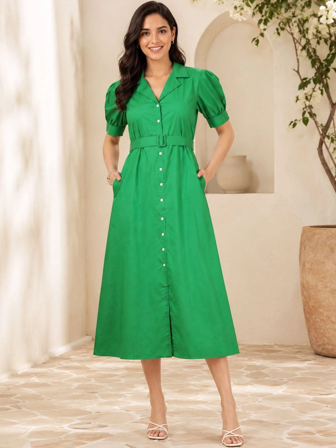 GULABiDRESS Puff Sleeve Fit & Flare Midi Dress