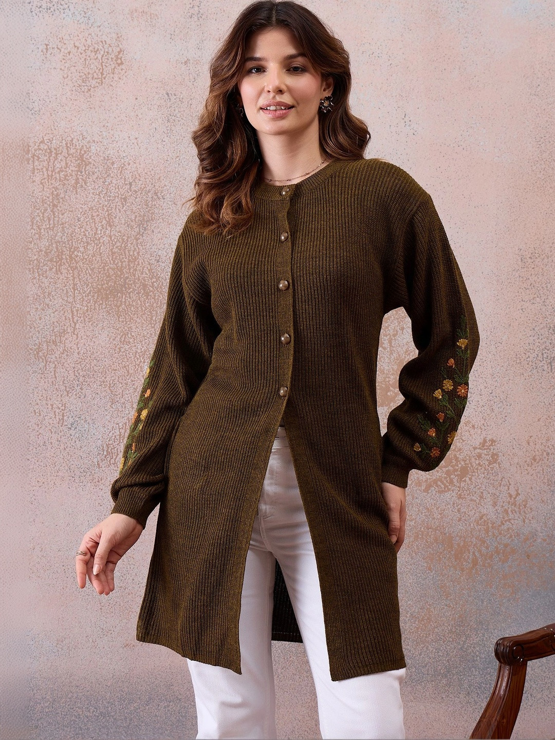 CLAPTON Women Embroidered Ribbed Woollen Longline Cardigan with Embroidered Detail