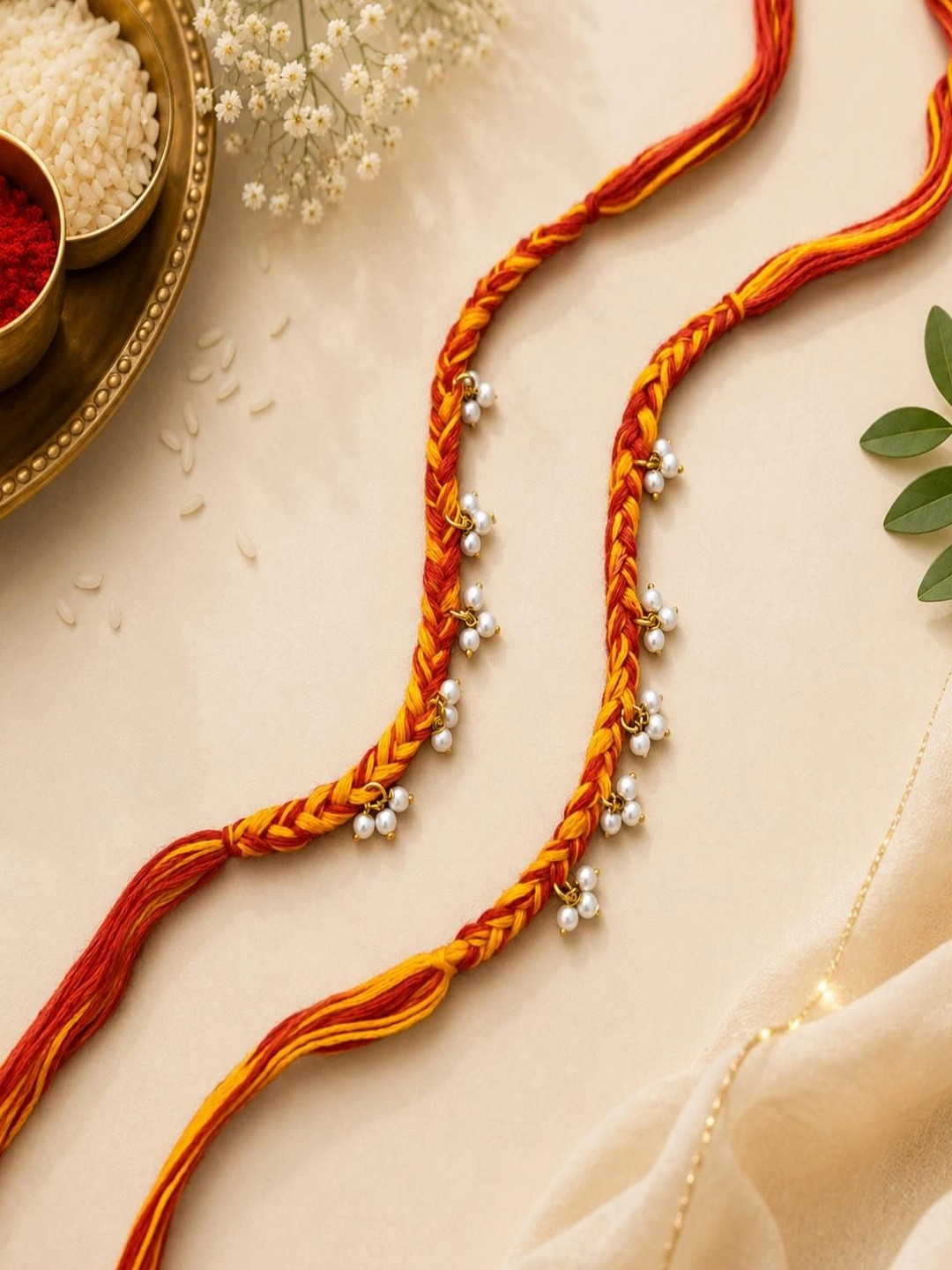 MERYCRAFT White Beaded Thread Mouli Rakhi