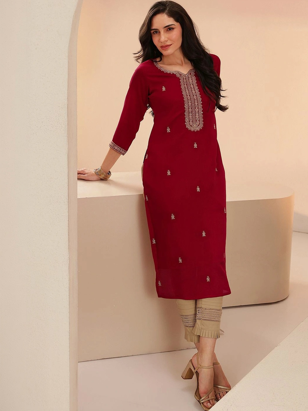 Libas Maroon Embroidered Silk Blend Straight Kurta