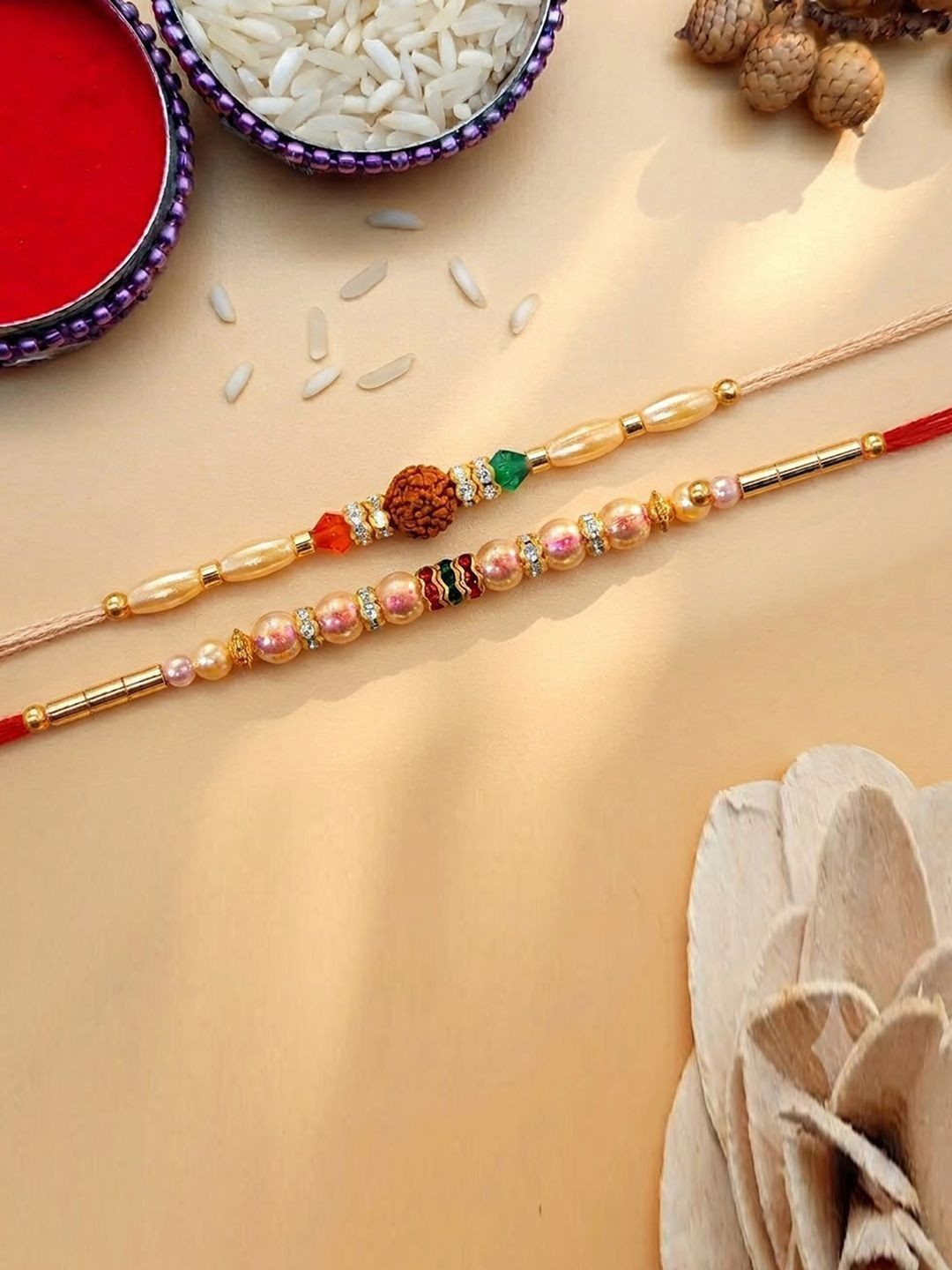 Peora Set of 2 Designer Pearl & Rudraksha Bead Thread Rakhi with Roli Chawal