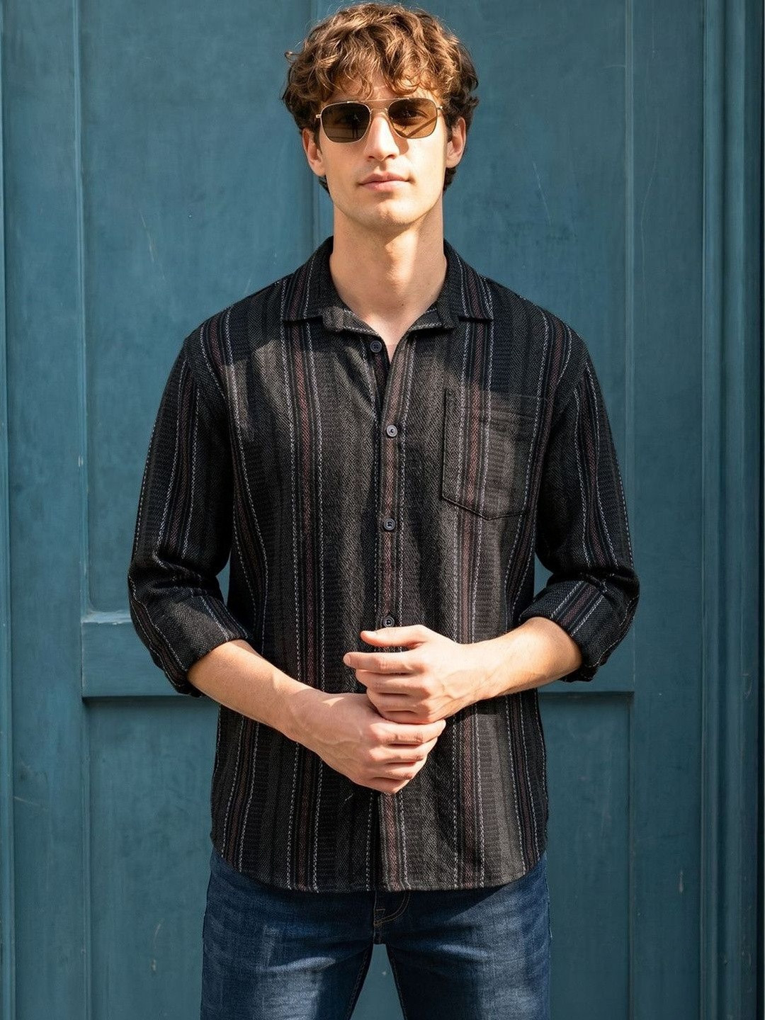 The Indian Garage Co Men Relaxed Fit Striped Dobby Textured Resortwear Shirt