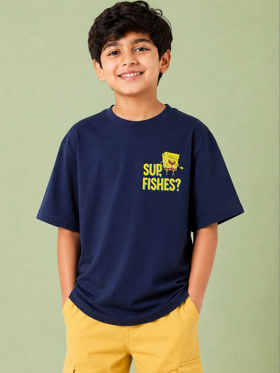 Button Bear Boys Cotton Spongebob Printed Oversized Short Sleeve T-Shirt
