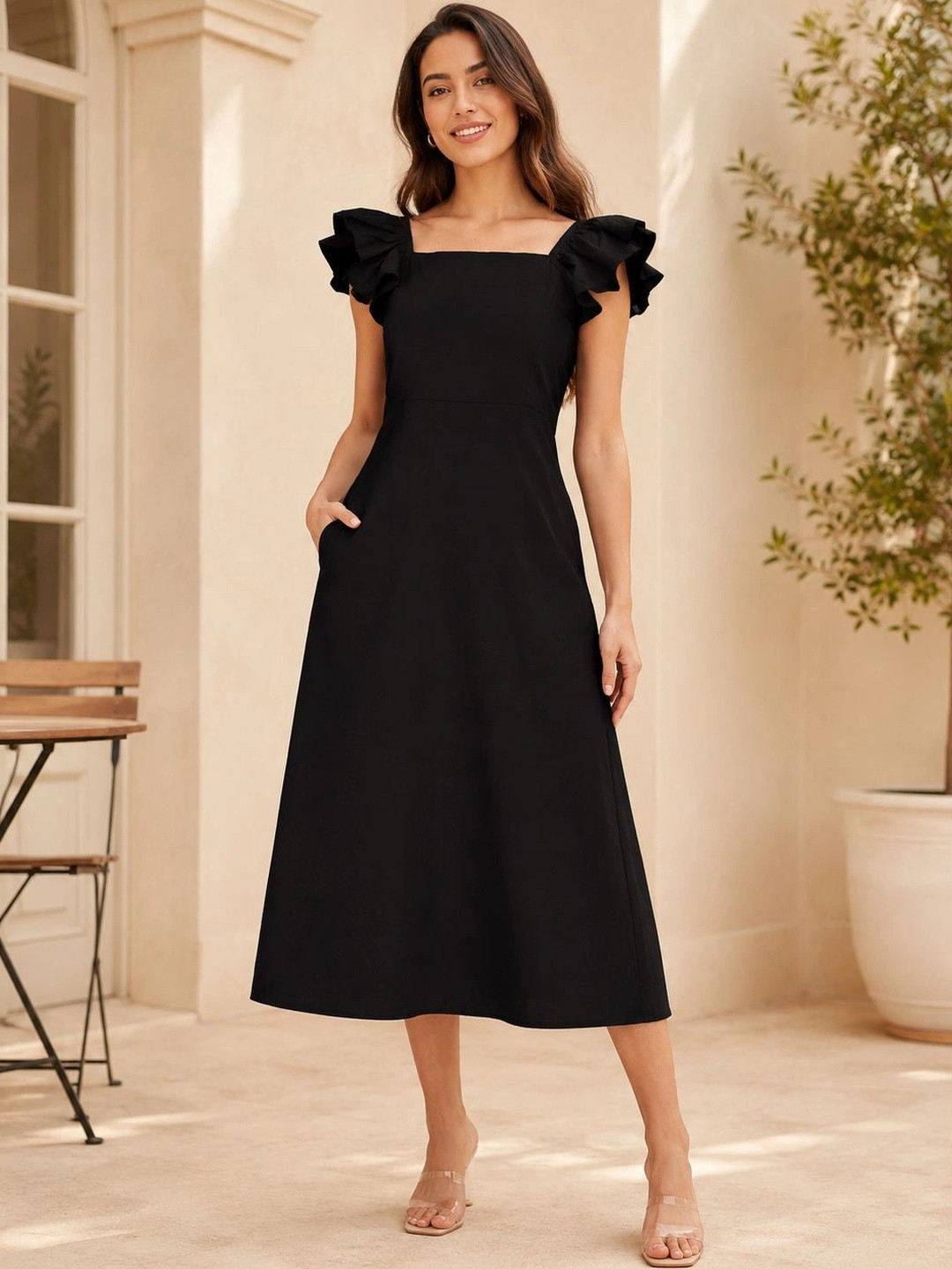 GULABiDRESS Flutter Sleeve Ruffled A-Line Midi Dress