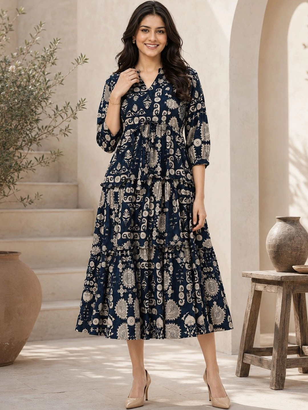 Manqsh by Claura Ethnic Motifs Print A-Line Midi Dress