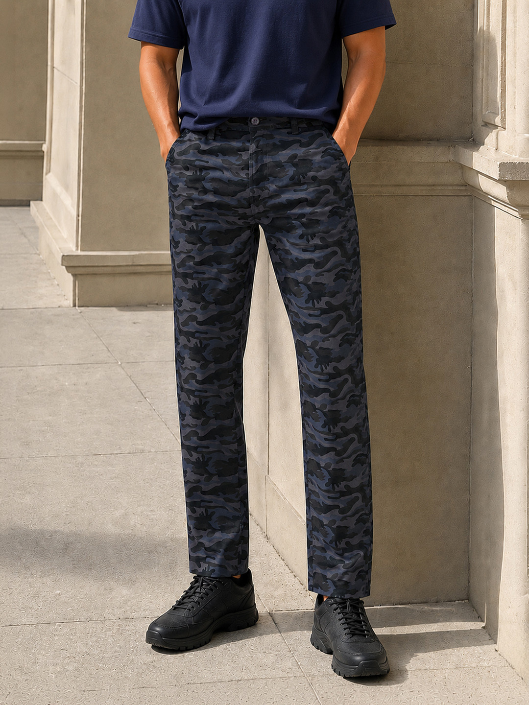 The Indian Garage Co Men Charcoal Grey Camouflage Printed Slim Fit Chinos