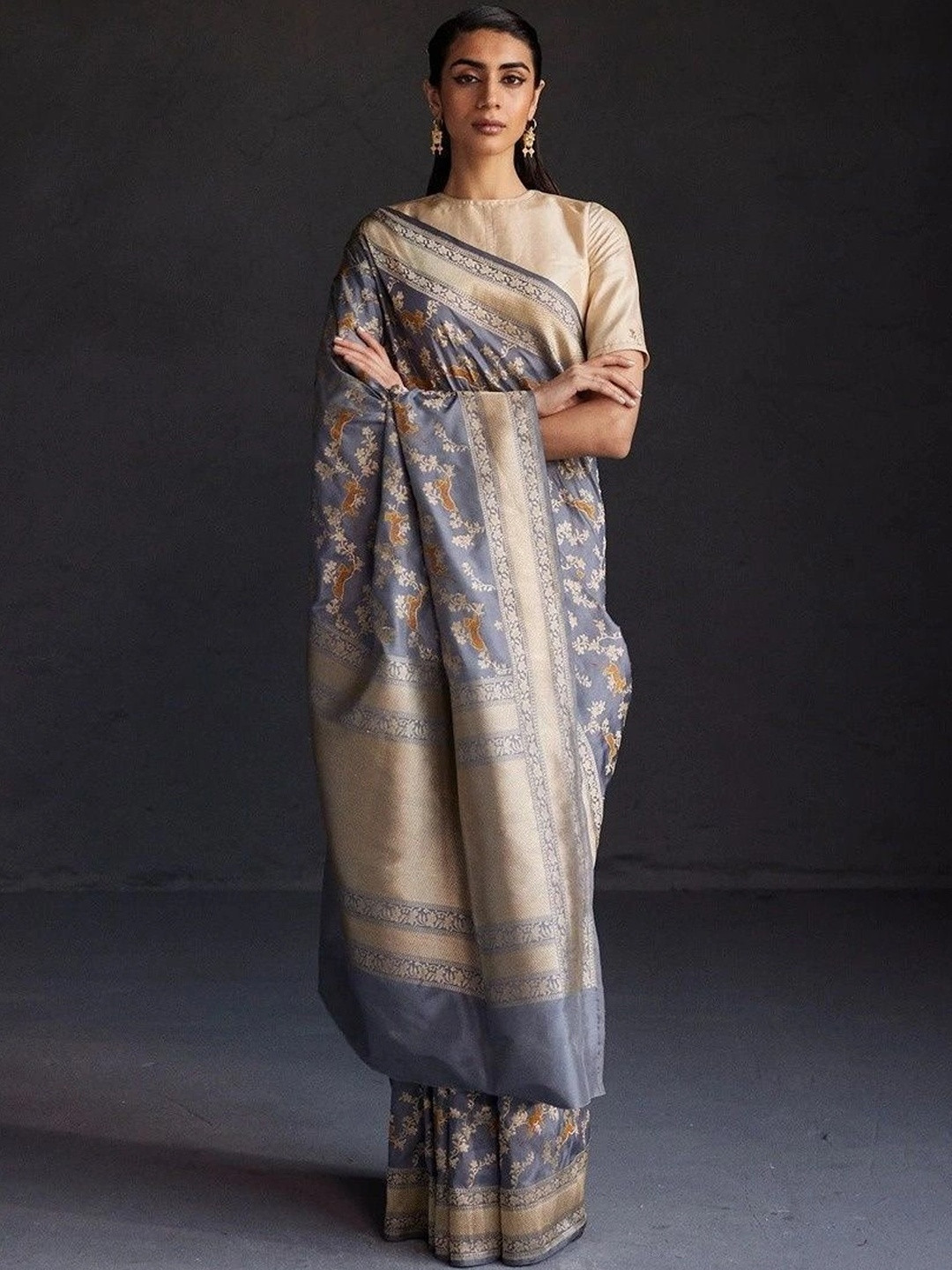 Glorisa Ethnic Motifs Zari Silk Blend Fusion Chanderi Saree