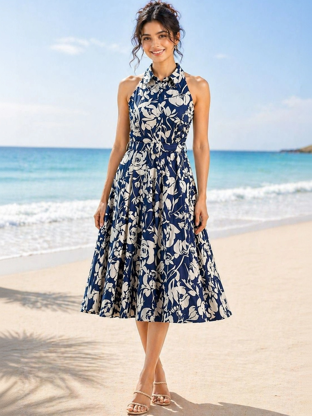 GULABiDRESS Floral Print Halter Neck Fit & Flare Dress