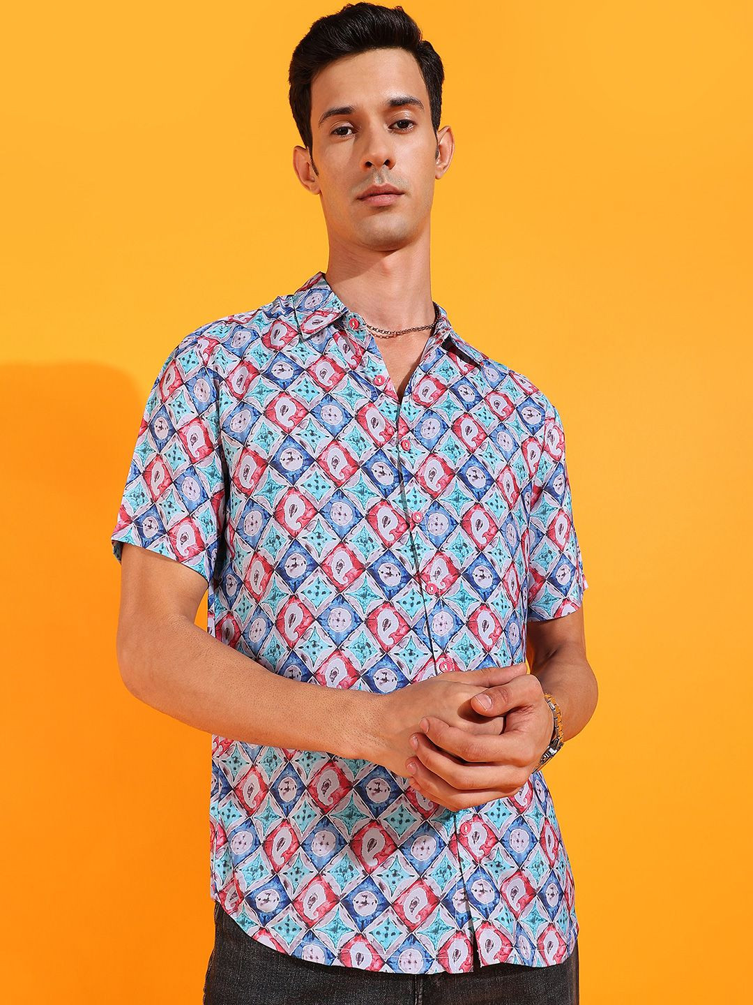 IKRASS Geometric Printed Spread Collar Cotton Shirt