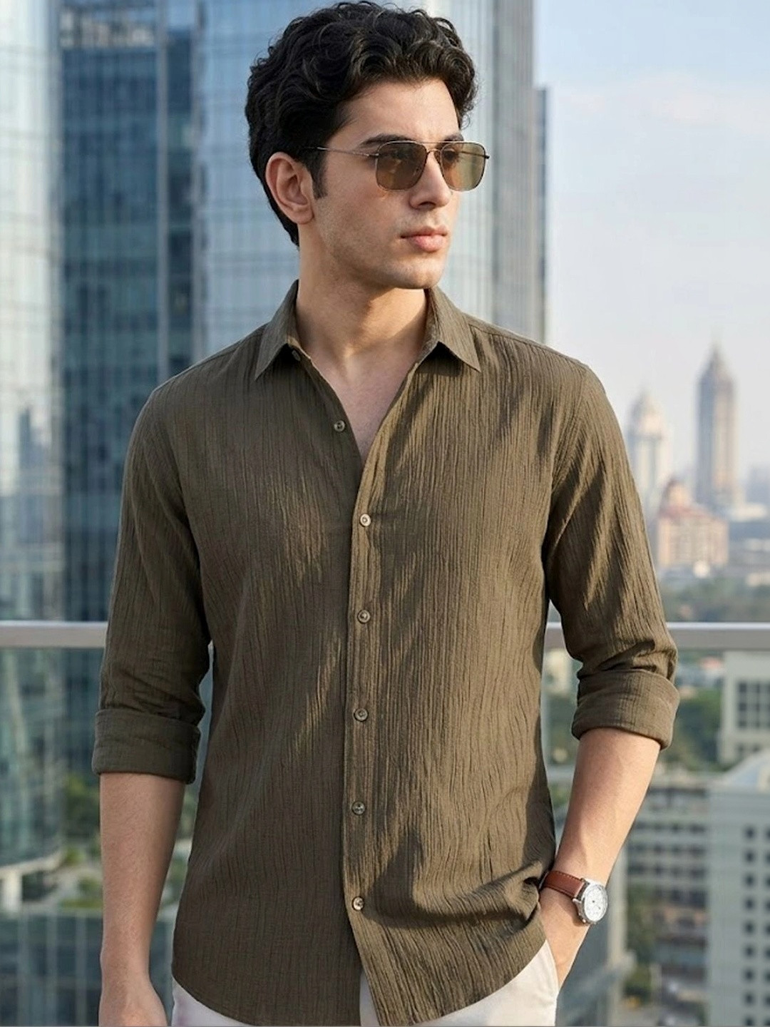 Urbano Fashion Men Spread Collar Textured Cotton Casual Shirt