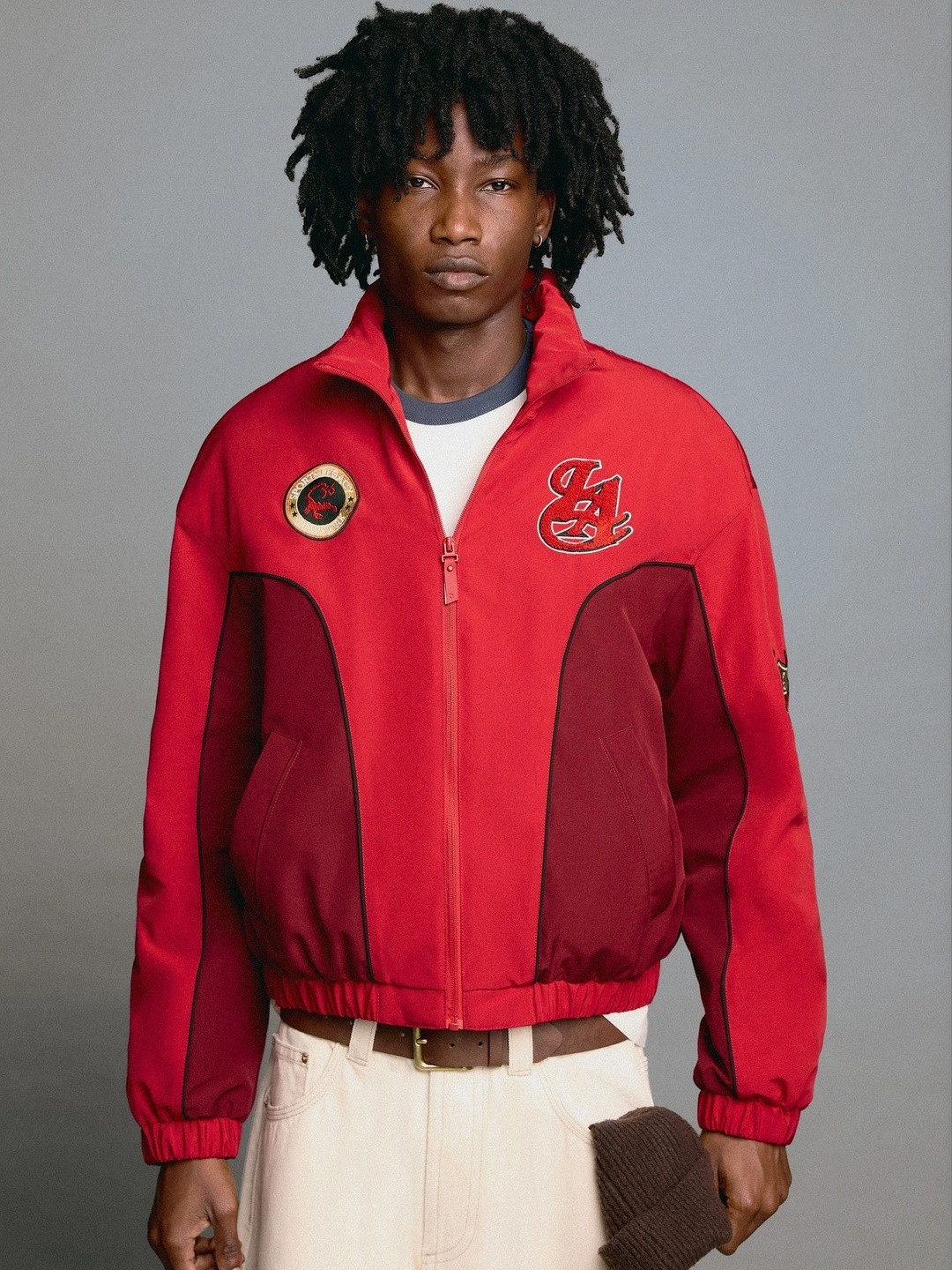 Bershka Men Colourblocked Bomber with Embroidered Jacket - Image 1
