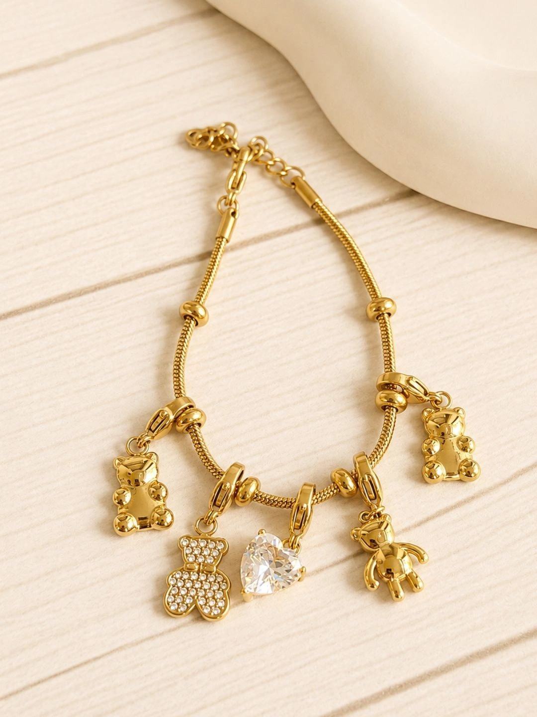 DIVING SWAN Women 18K Thick Gold Plated Zara Teddy Charms Charm Bracelet