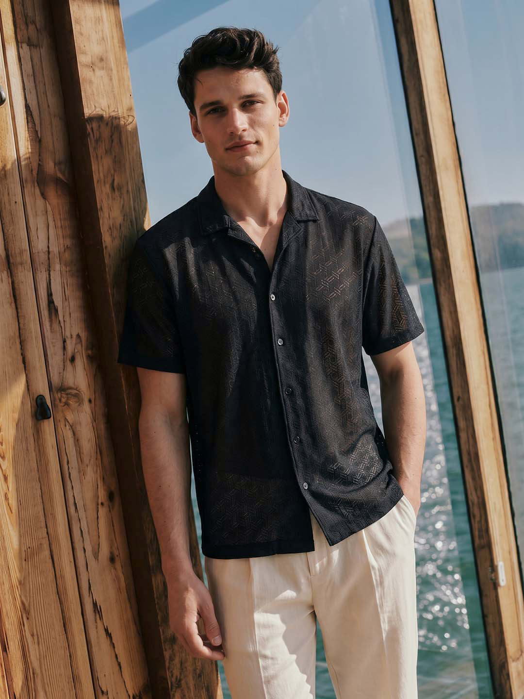 The Indian Garage Co Men Slim Fit Warp Knit Lace Resortwear Shirt