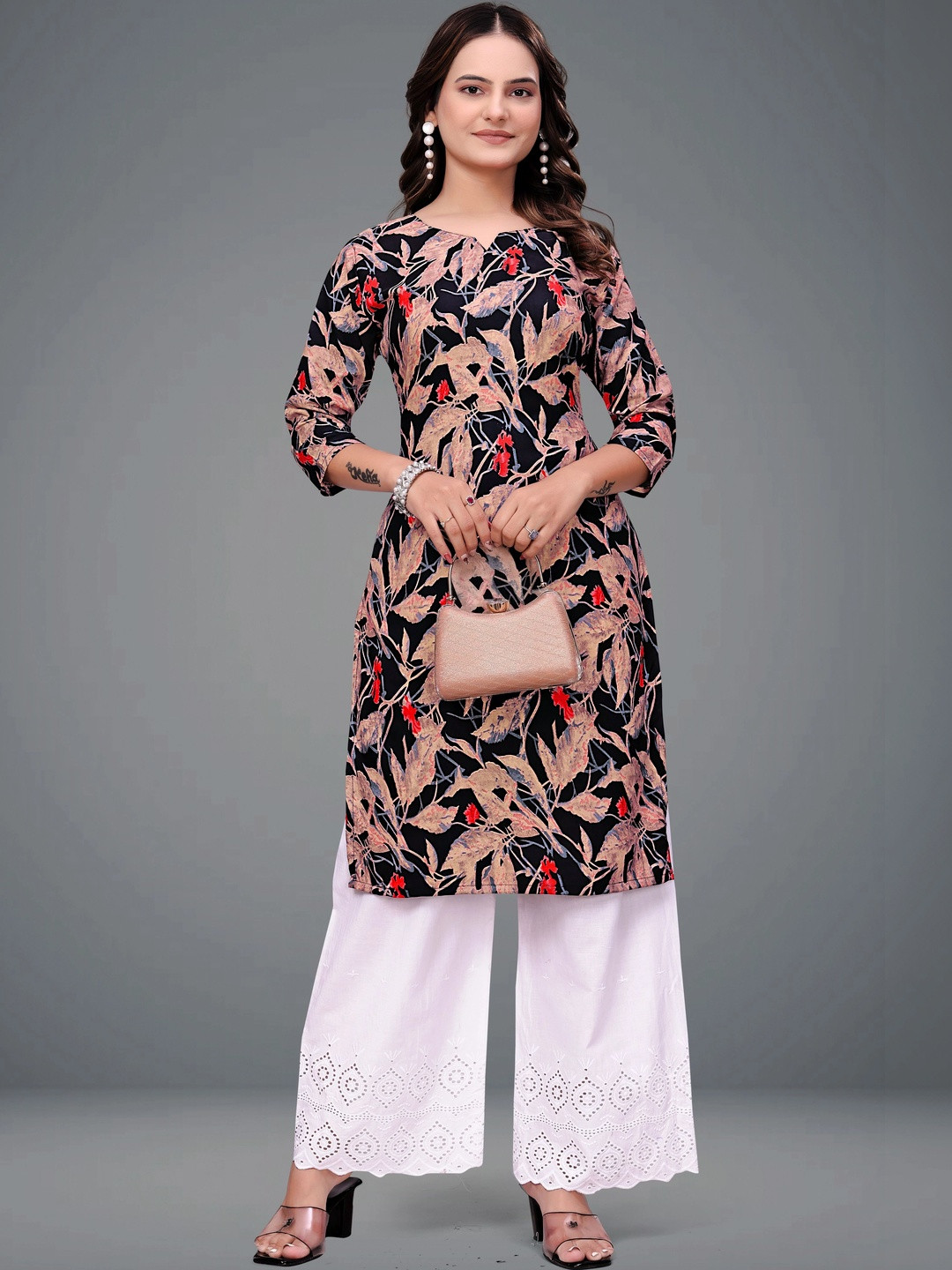 MANDIV FASHION Botanical Printed Boat Neck Pure Crepe Kurti