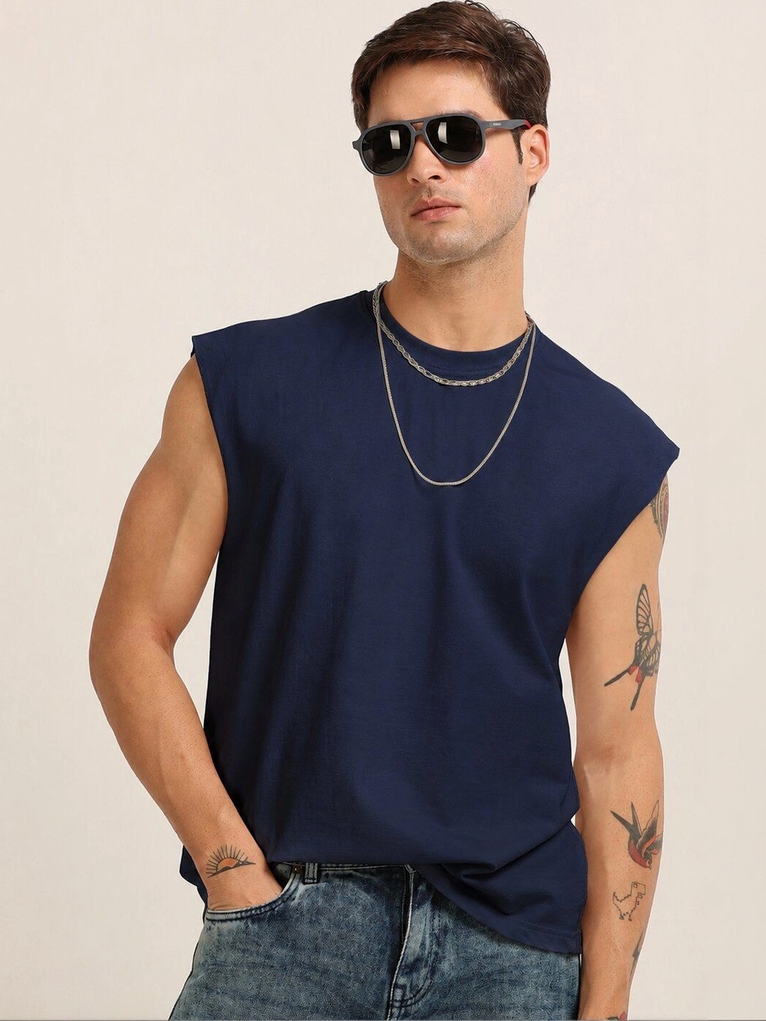MOHICANS Men Navy Color Capsleeves Oversized fit Gym Tank T-Shirt