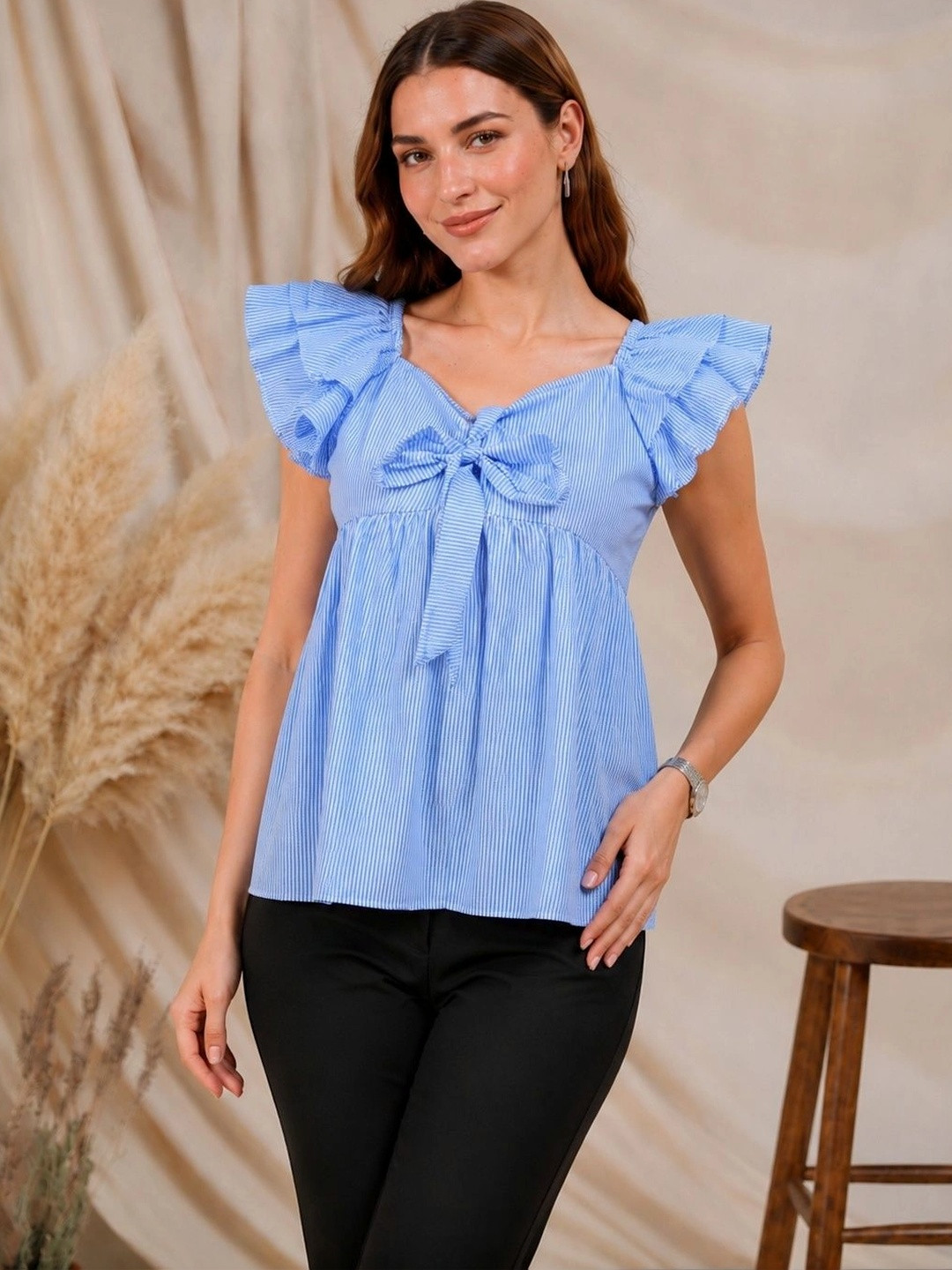 VANSIRI Striped Sweetheart Neck Flutter Sleeve Ruffles Cotton Peplum Top