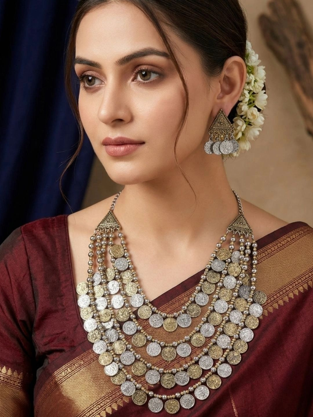 VIVAZS Oxidised Dual-Toned Antique Coin Layered Statement Necklace Jewellery Set