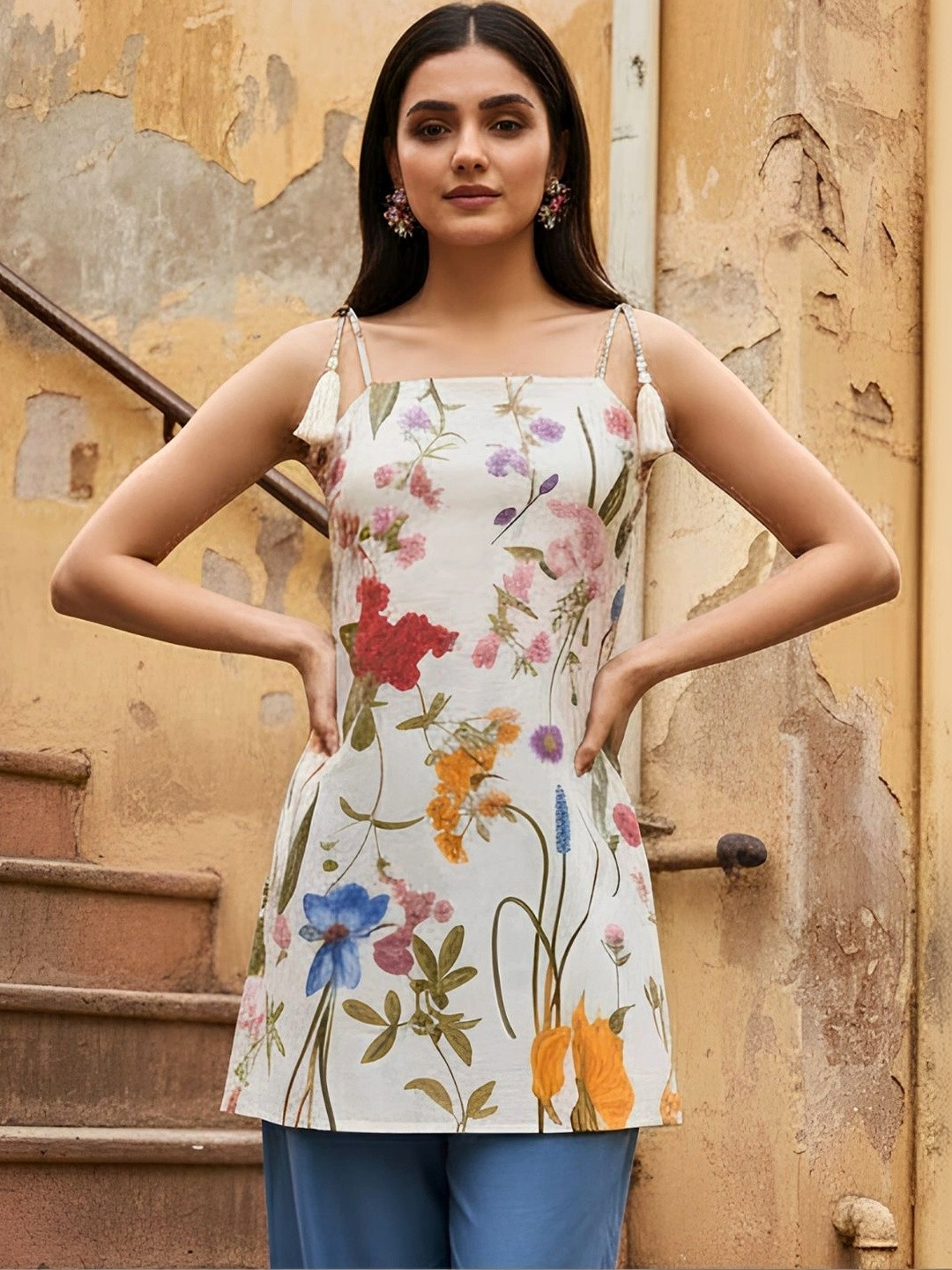 Dora Dori Floral Printed Square Neck Pure Cotton Kurti