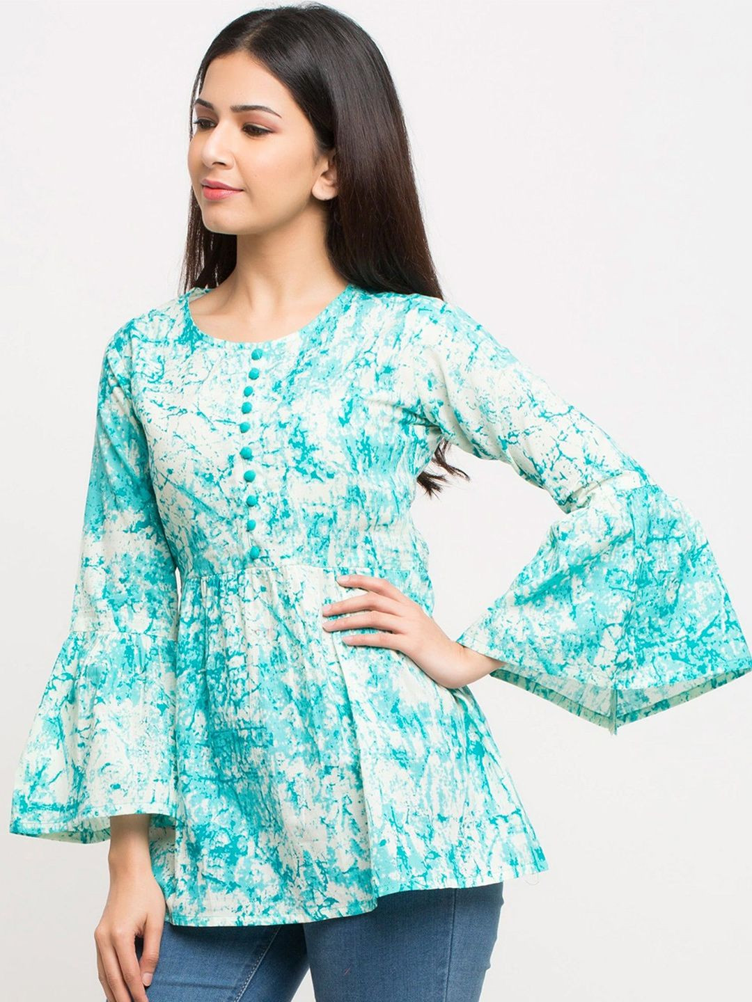 IKRASS Women Tie and Dye Print Bell Sleeve Cotton Top