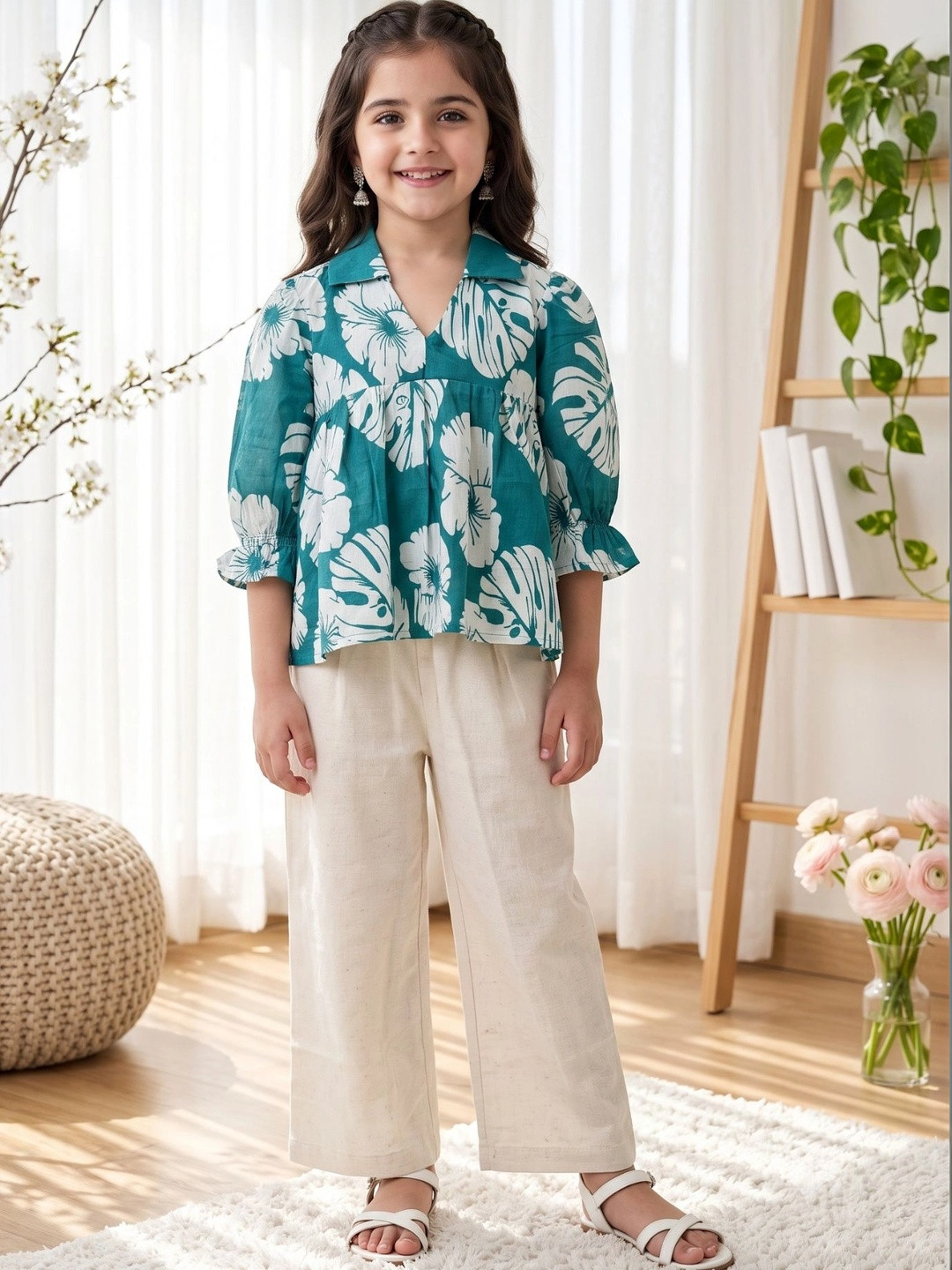 KALINI Girls Floral Printed Empire Pure Cotton Kurta with Trousers