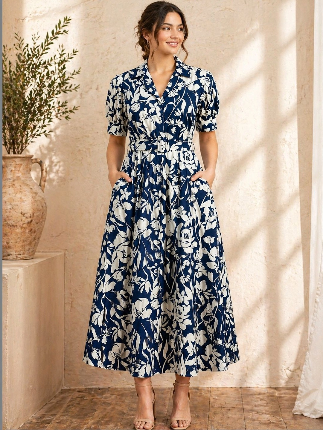 GULABiDRESS Floral Print Puff Sleeve Shirt Midi Dress