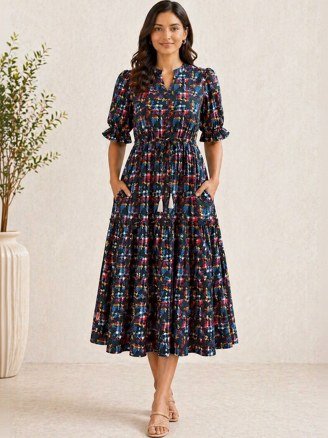 GULABiDRESS Print Flared Sleeve A-Line Midi Dress