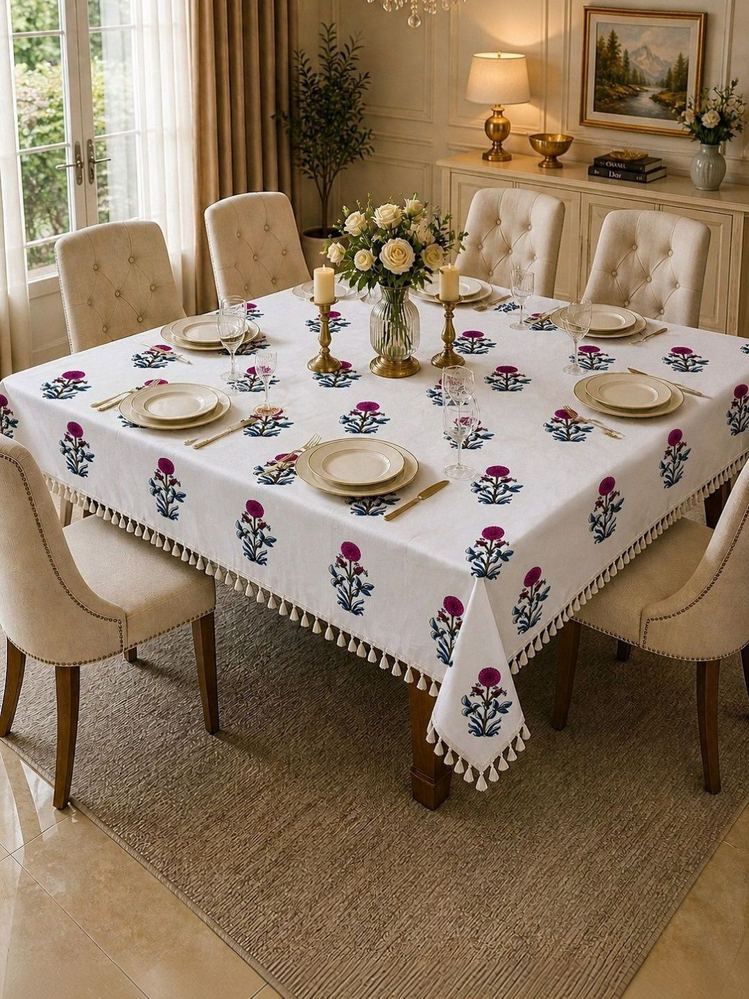 RRC Beige Floral 6-Seater Table Cover