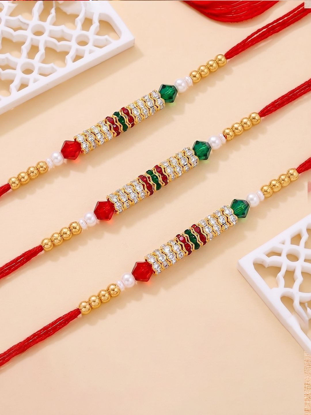 Peora Set Of 3 Gold-Toned Stone-Studded Meenakari Crystal Beaded Rakhi