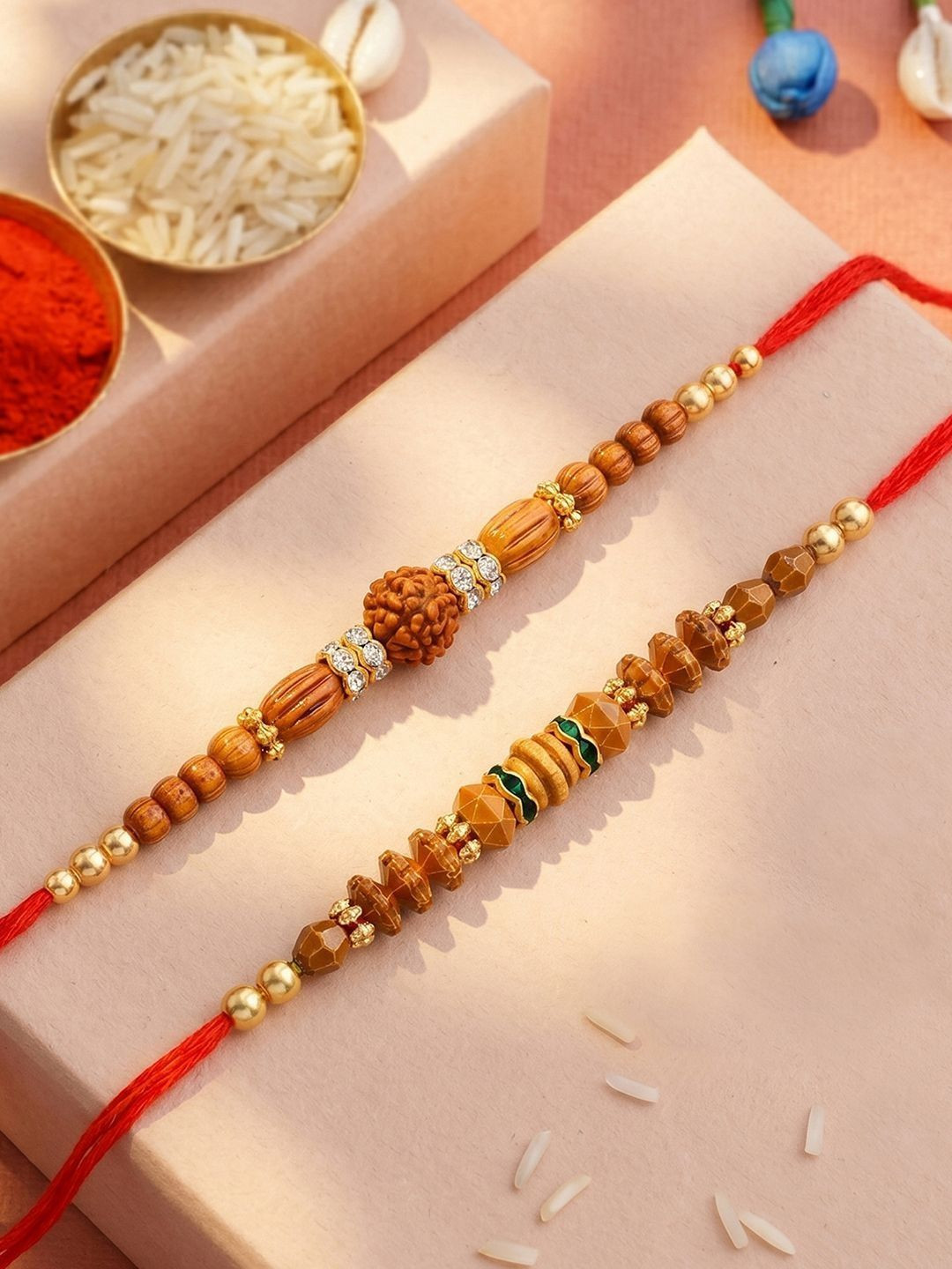 Peora Set Of 2 Rudraksha Wooden Beaded Stone-Studded Rakhi With Red Thread