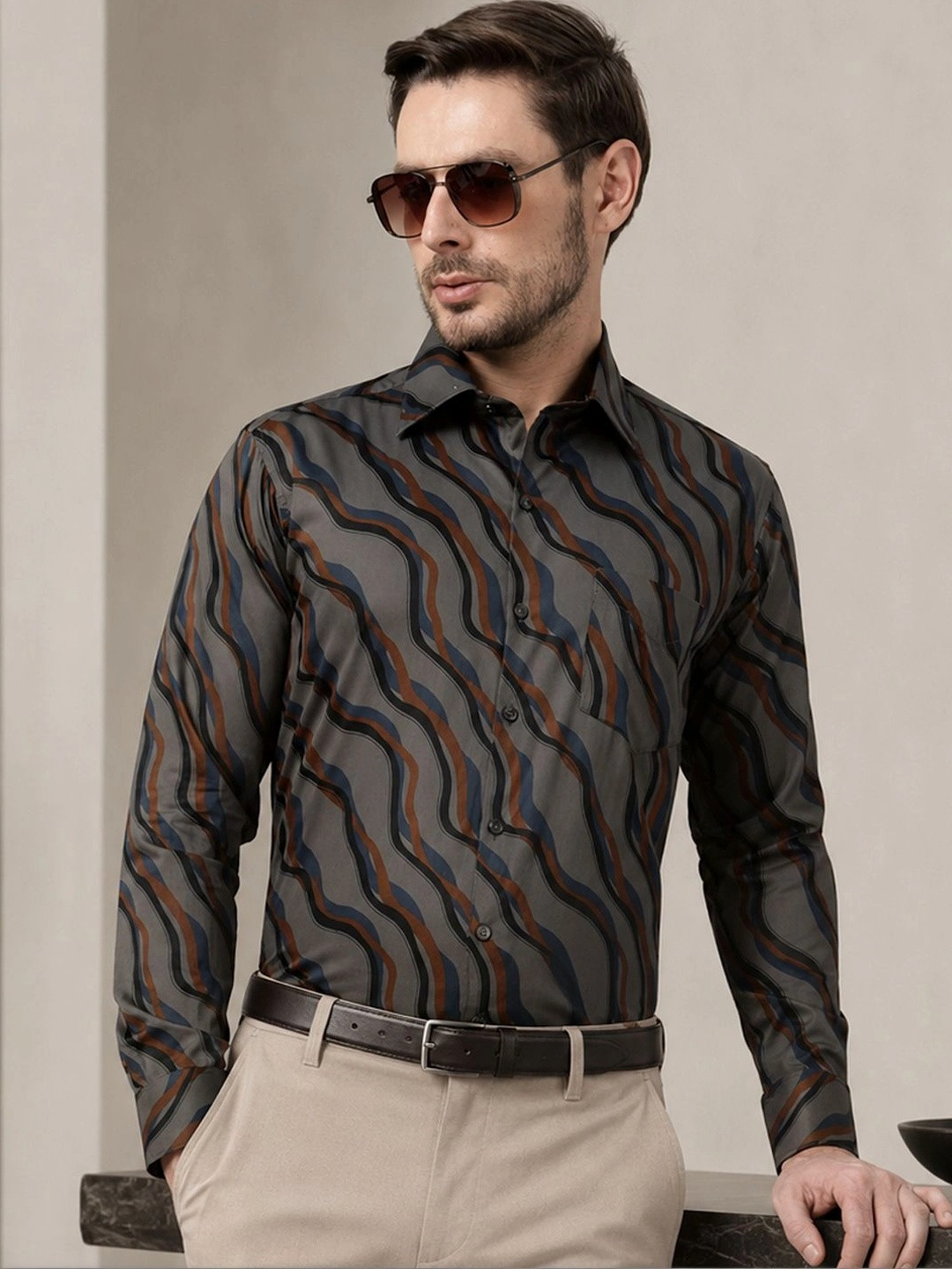 Hancock Classic Slim Fit Abstract Printed Spread Collar Cotton Satin Party Shirt