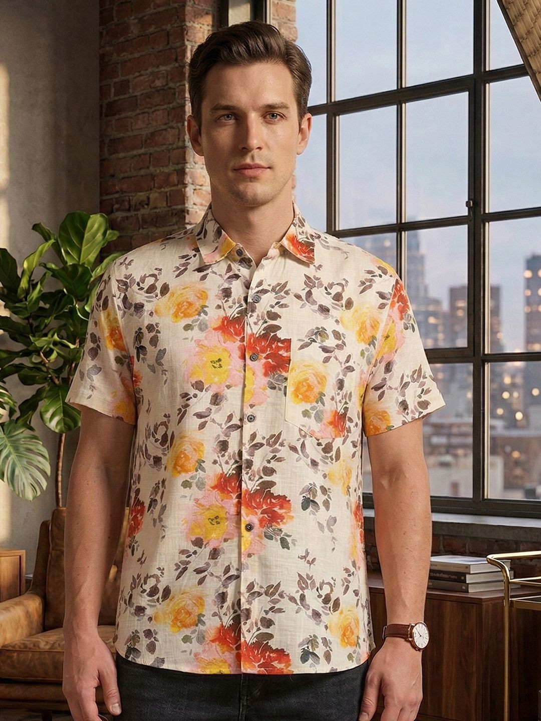 IKRASS Floral Printed Spread Collar Short Sleeves Opaque Shirt