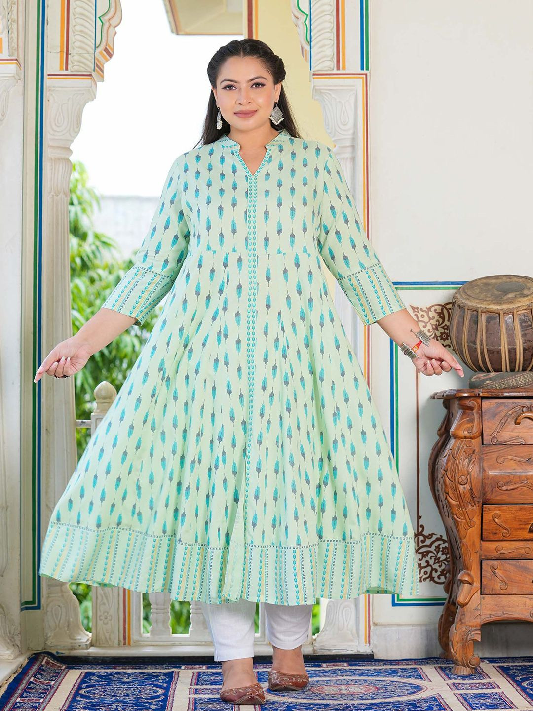 IKRASS Plus Size Geometric Printed Mandarin Collar Empire Anarkali Kurta