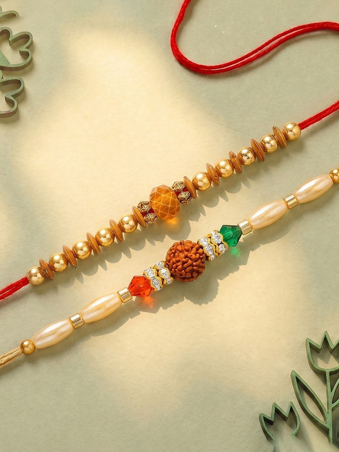 Peora Set Of 2 Rudraksha Gold-Toned Pearl & Crystal Beaded Rakhi