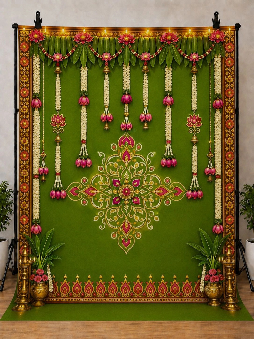 Backdropon Green & Red Traditional Rangoli Design Printed Fabric Backdrop