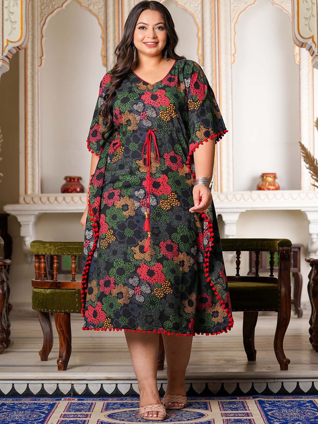 IKRASS Women Plus Size V-Neck Floral Printed Kaftan Midi Dress