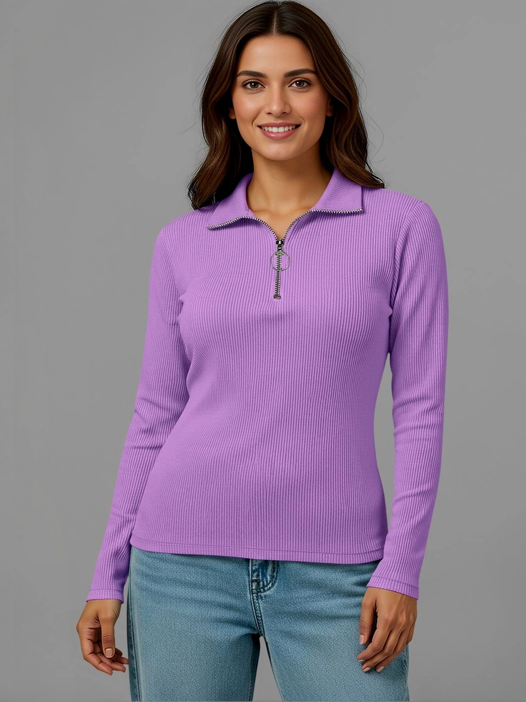 Lavender Ribbed Shirt Collar Long Sleeves Top