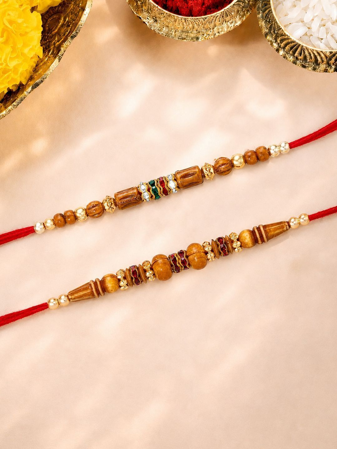 Peora Set Of 2 Wooden Beaded Gold-Toned Meenakari Rakhi With Red Thread