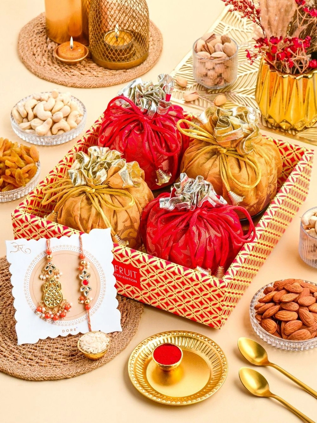 RawFruit Set Of 2 Rakhis With Roli Chawal Dry Fruits Gift Set