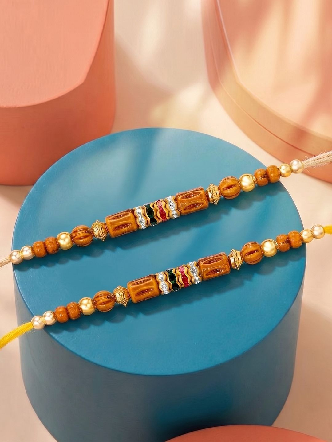 Peora Set Of 2 Wooden Beaded Meenakari Rakhi With Cream Thread