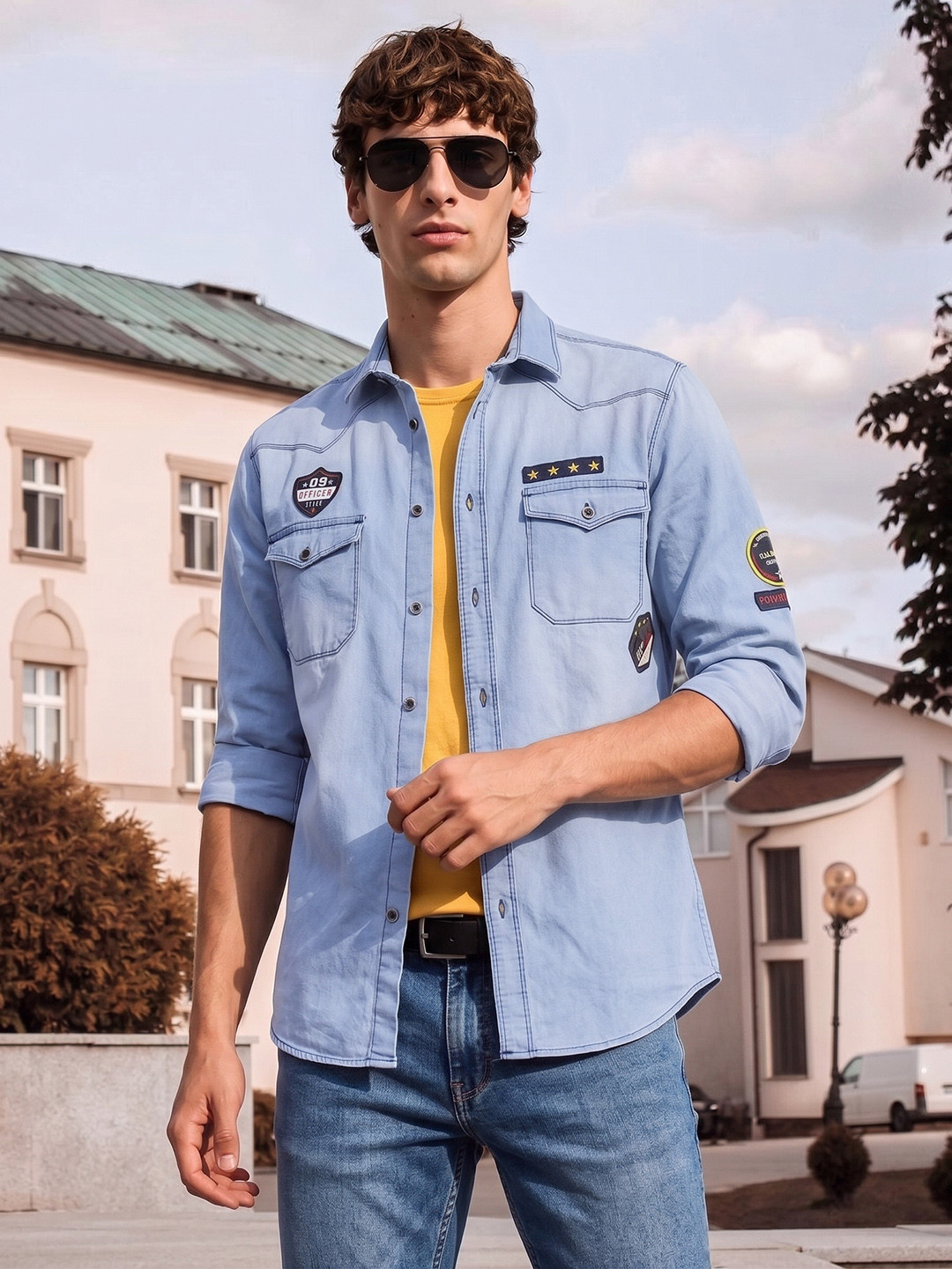 The Indian Garage Co Men Blue Slim Fit Faded Opaque Faded Casual Shirt