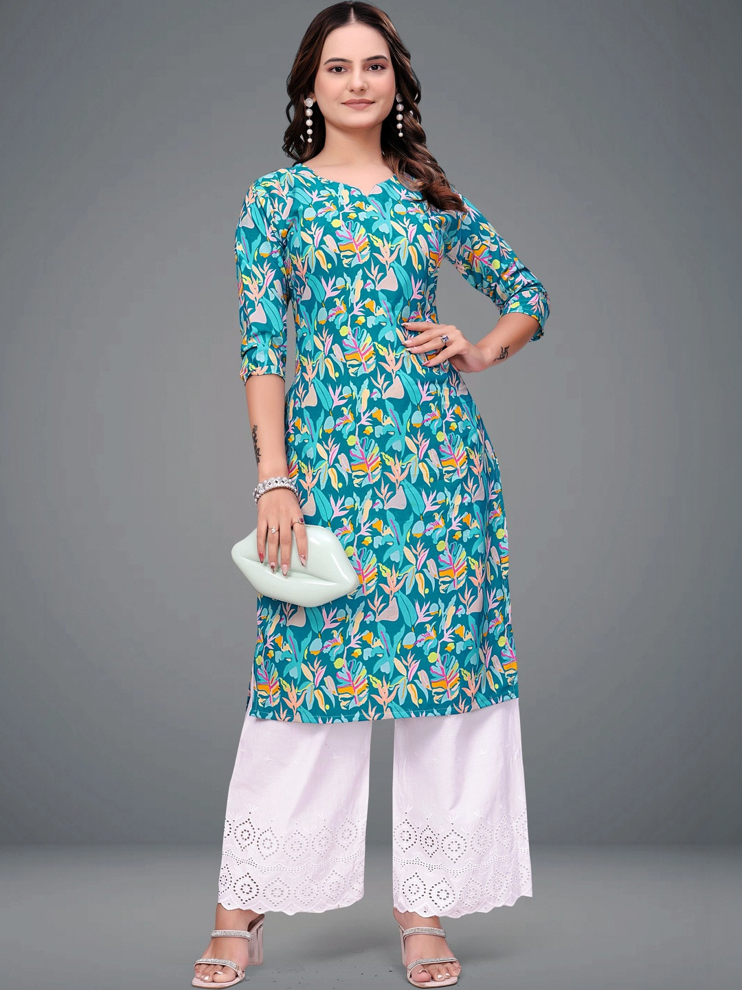 MANDIV FASHION Botanical Printed Boat Neck Pure Crepe Kurti