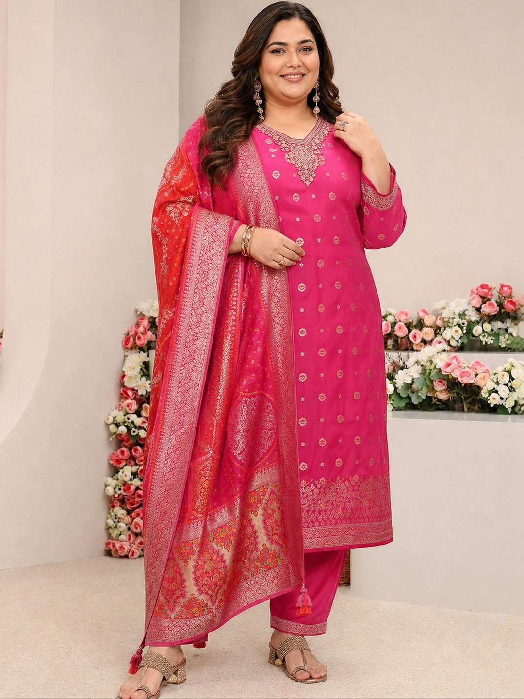 EXTRA LOVE BY LIBAS Women Ethnic Motifs Regular Kurta with Trousers & With Dupatta