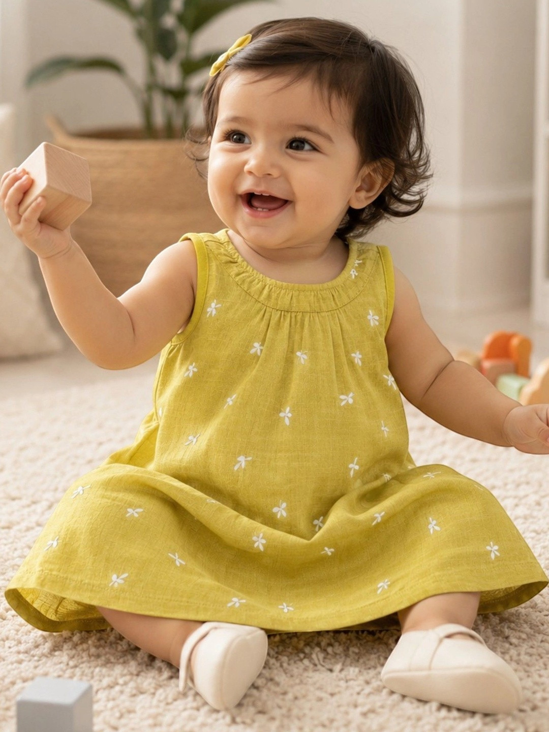 HuggleBug Baby Girls Printed Pure Cotton Muslin Sleeveless A-Line Dress