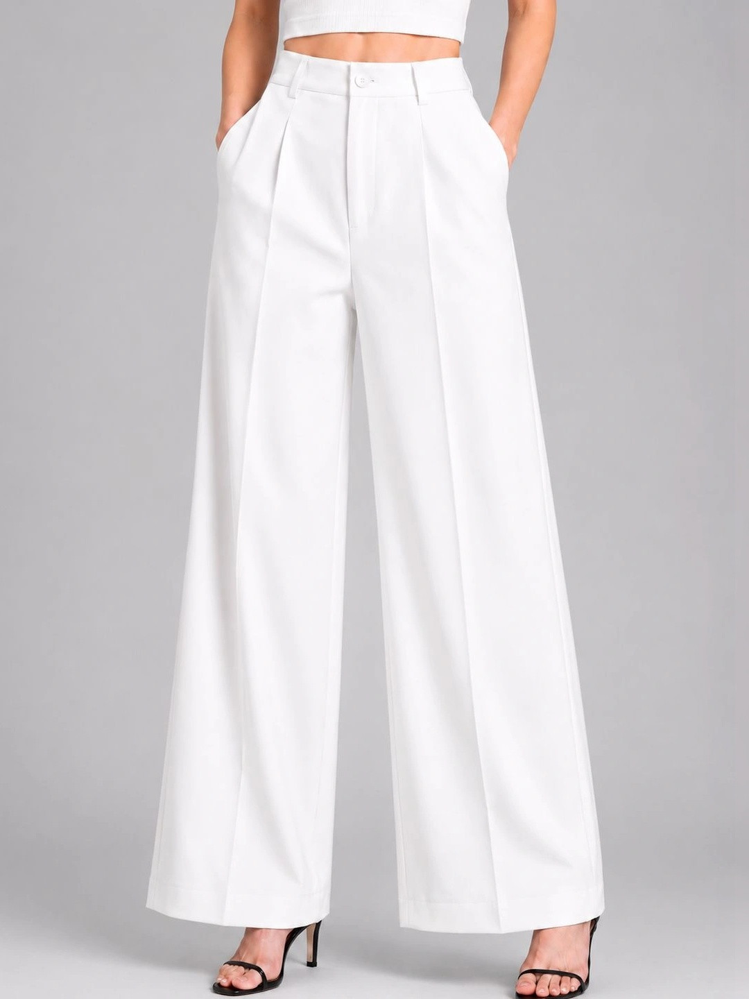 STYLE ACCESS Women Relaxed Straight Leg High-Rise Easy Wash Pleated Trousers