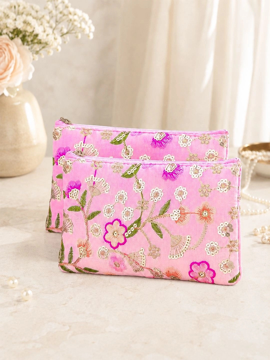 Kuber Industries 2 Pieces Floral Embroidered Purse Clutch