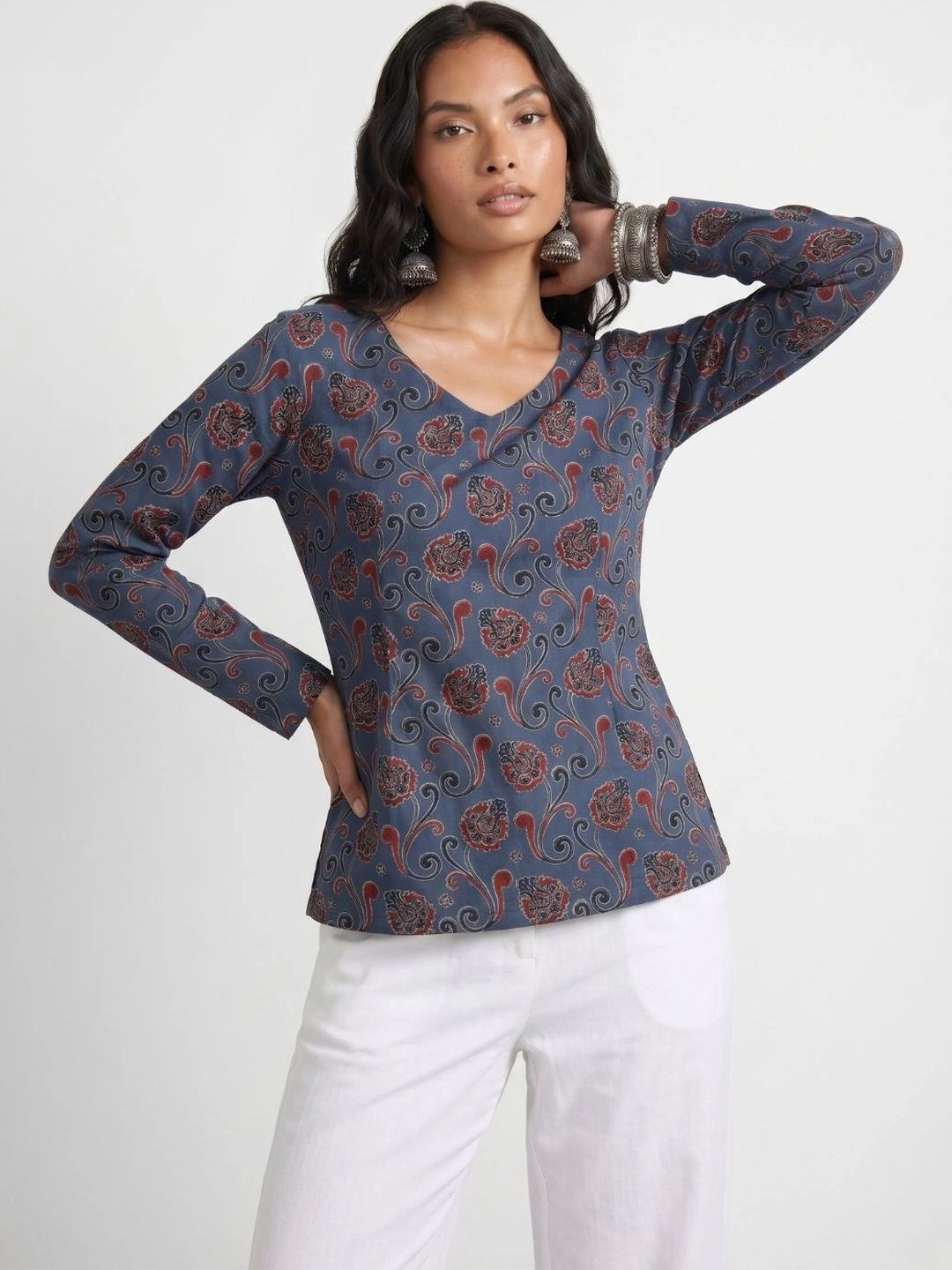 NISHORAMA Paisley Printed V-Neck Pure Cotton Kurti