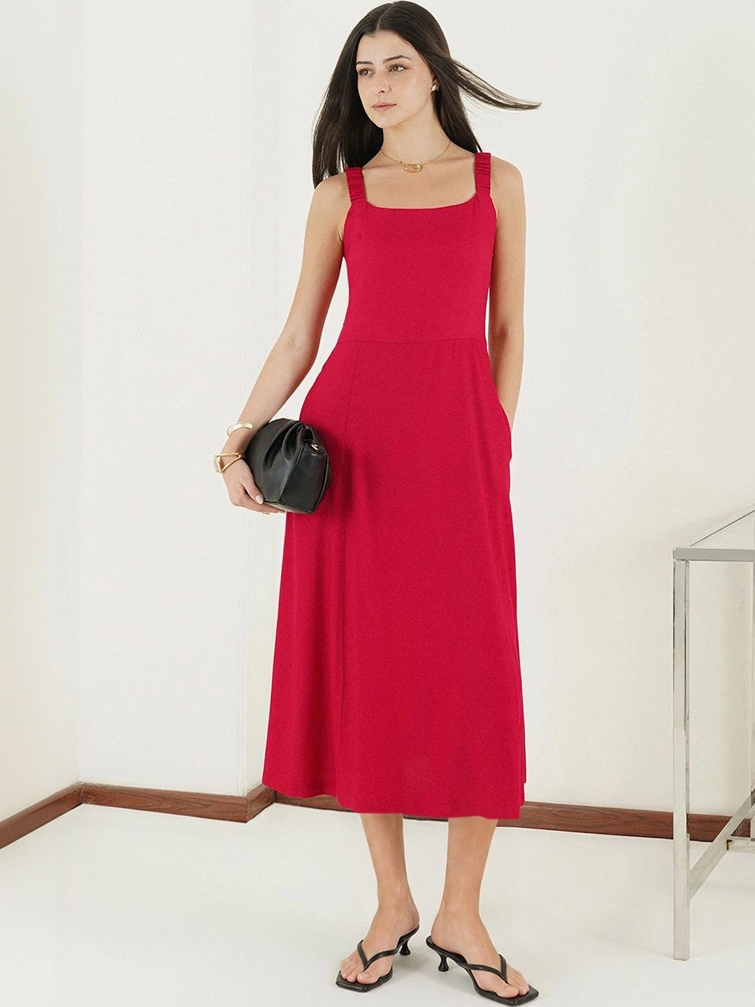 FABLE STREET Sleeveless Shoulder Straps Fit & Flare Midi Dress